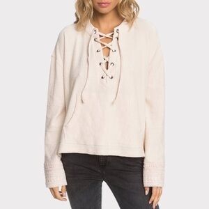 Roxy Get Comfy Light Pink Lace Up Front Crochet Cuff Pullover Sweater Size Small